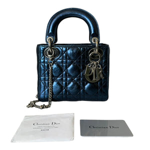 Lady Dior Mini Metallic Lambskin Quilted Dew Blue SHW