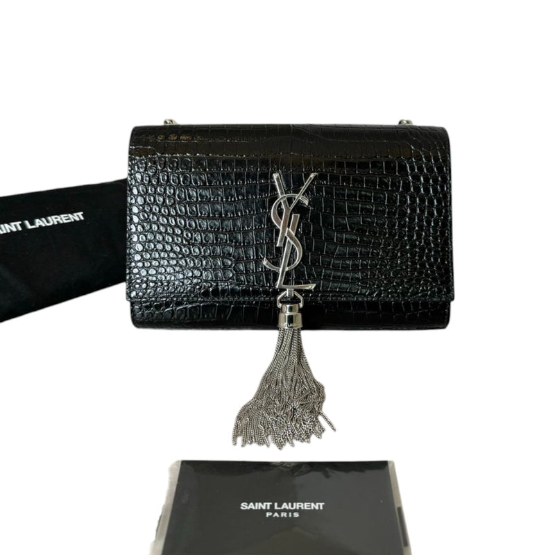 Kate Tassel Small Satchel Calfskin Crocodile Black GHW