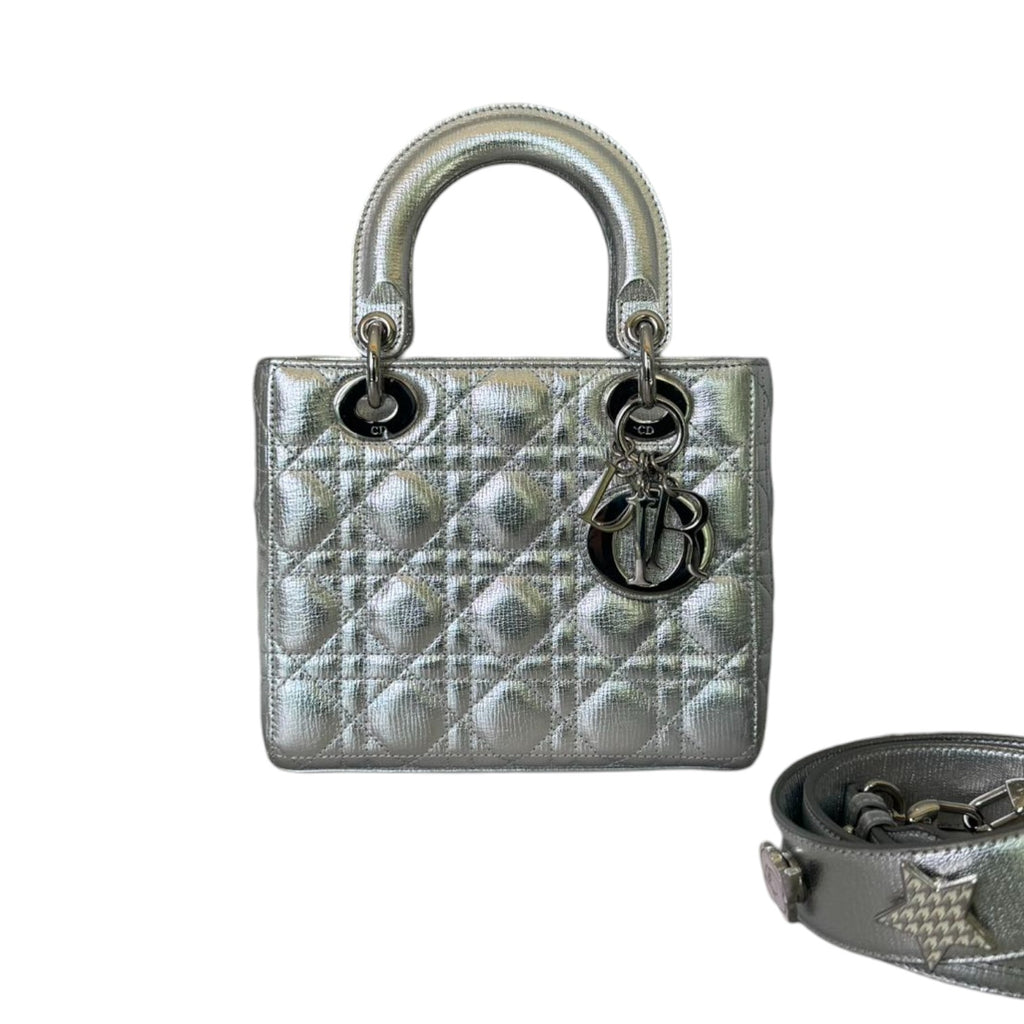 My Lady Dior Lucky Badges Small Metallic Grained Calfskin Silver SHW