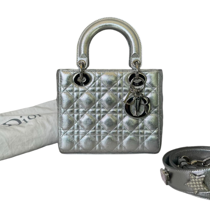 My Lady Dior Lucky Badges Small Metallic Grained Calfskin Silver SHW