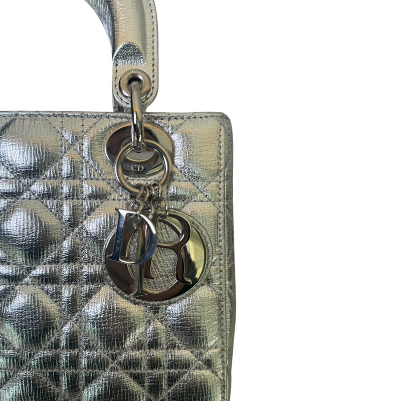 My Lady Dior Lucky Badges Small Metallic Grained Calfskin Silver SHW