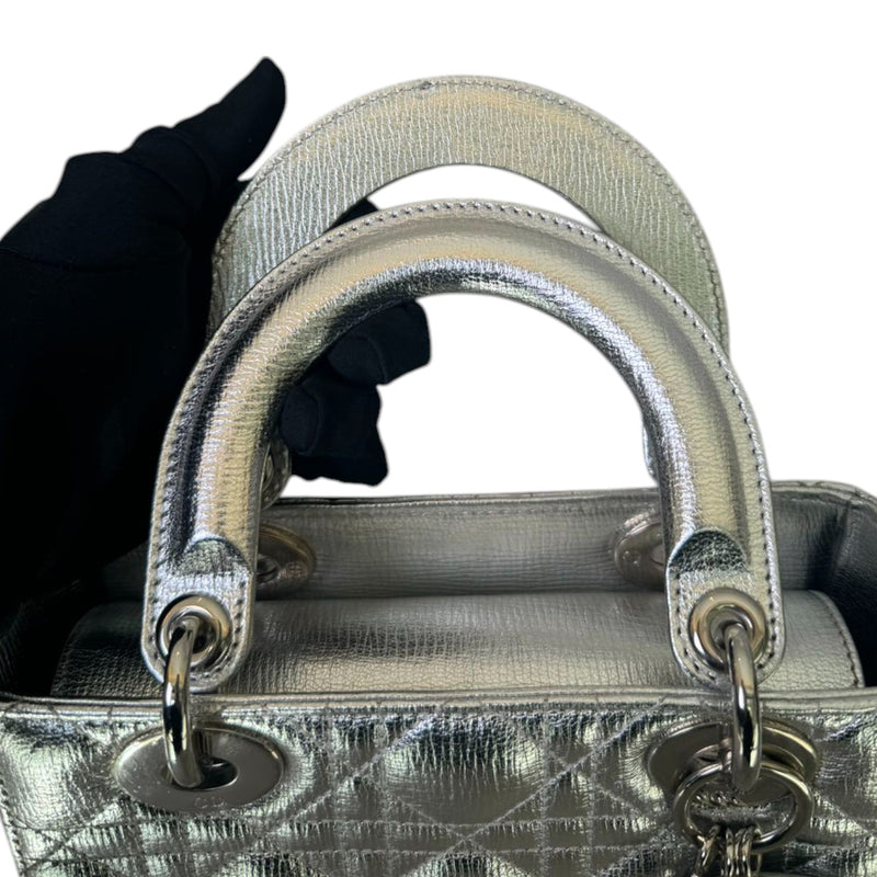 My Lady Dior Lucky Badges Small Metallic Grained Calfskin Silver SHW