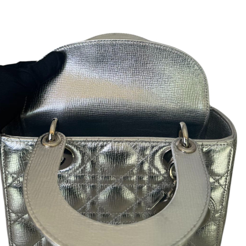 My Lady Dior Lucky Badges Small Metallic Grained Calfskin Silver SHW