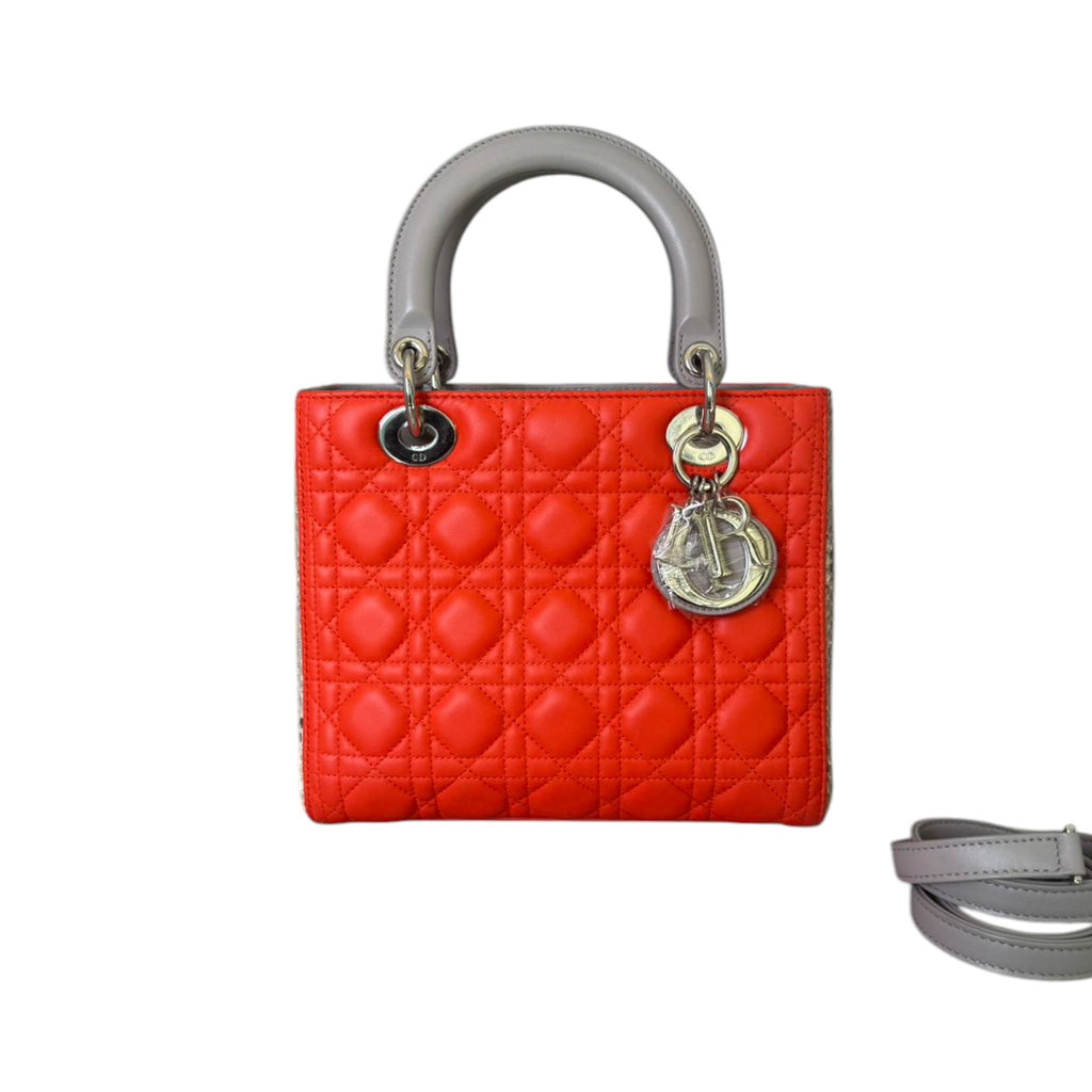 Lady Dior Medium Tri-Color Lambskin with Python Orange Grey SHW