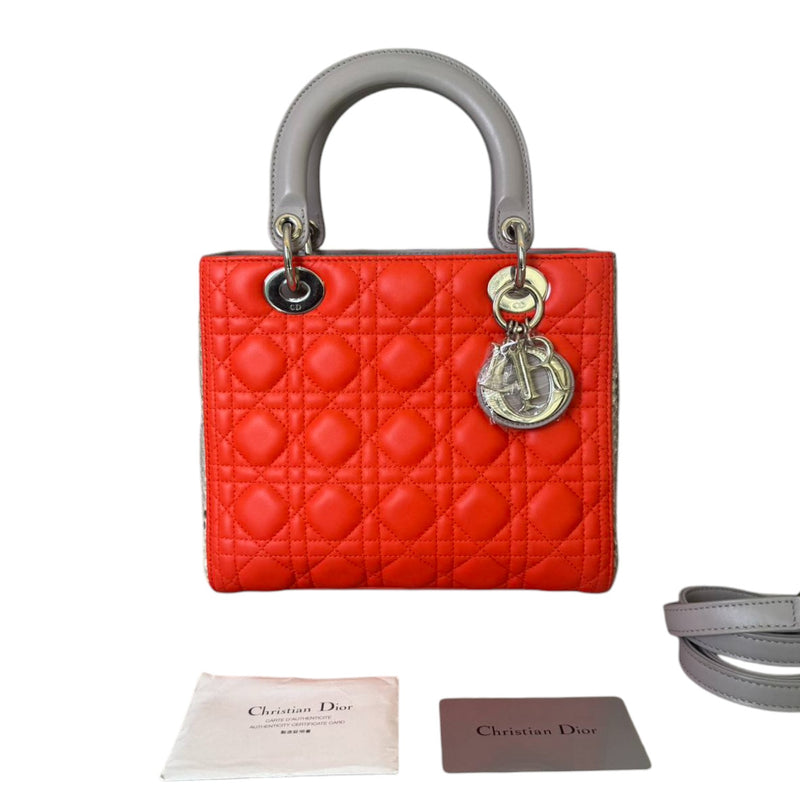 Lady Dior Medium Tri-Color Lambskin with Python Orange Grey SHW