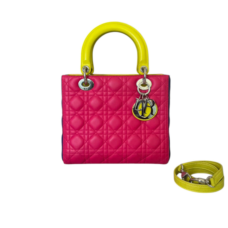 Lady Dior Tri-Color Medium Lambskin Yellow Navy Pink SHW