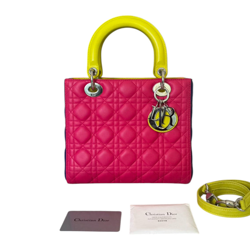 Lady Dior Tri-Color Medium Lambskin Yellow Navy Pink SHW