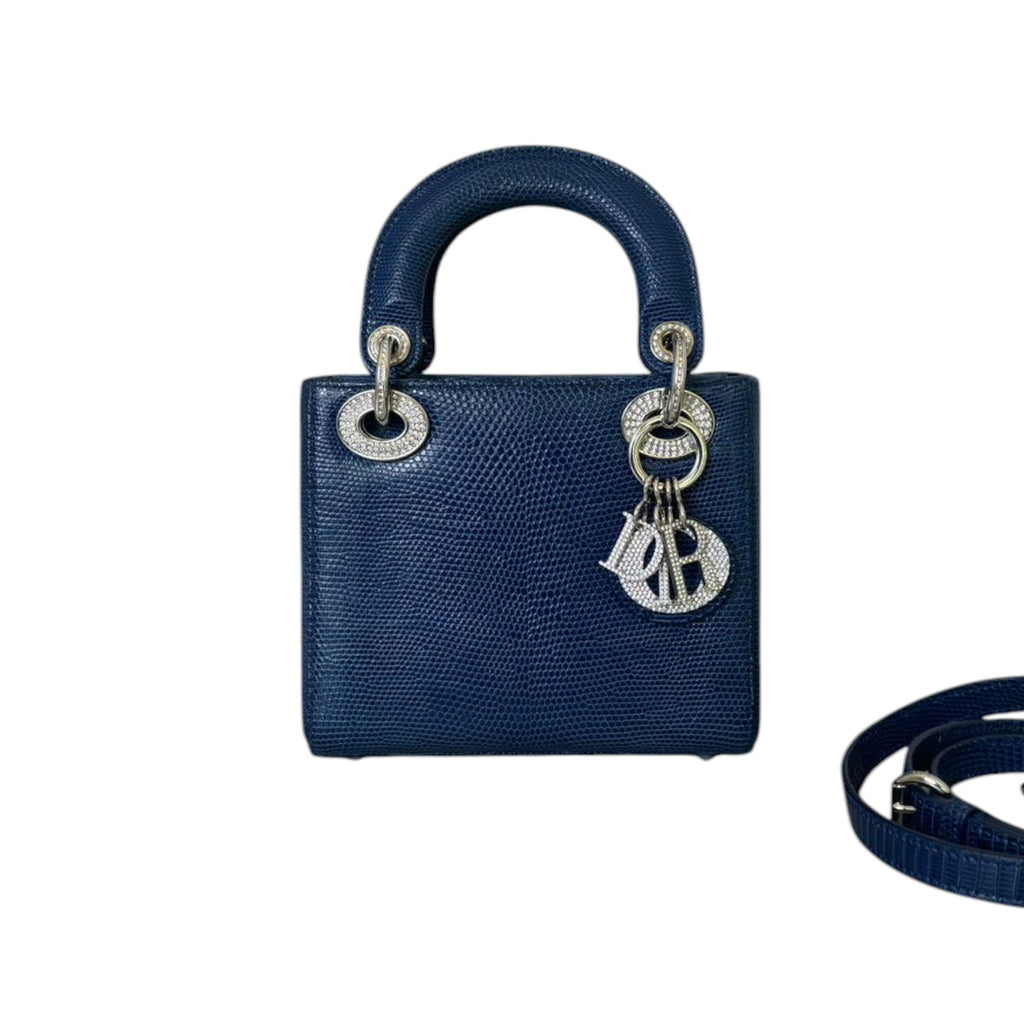 Lady Dior Mini Lizard Swarovski Crystal Blue SHW