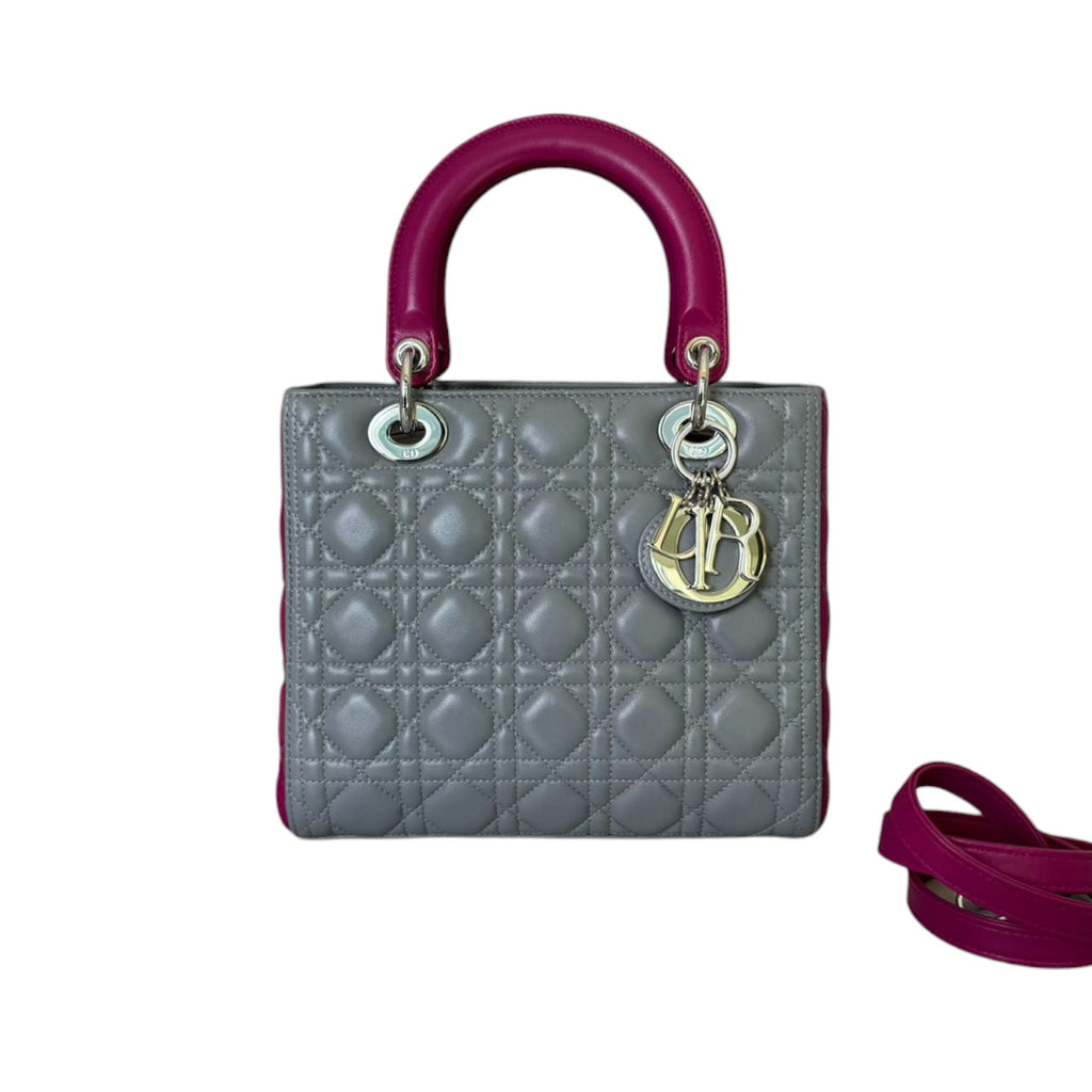 Lady Dior Bi-Color Medium Lambskin Quilted Grey Fuchsia SHW