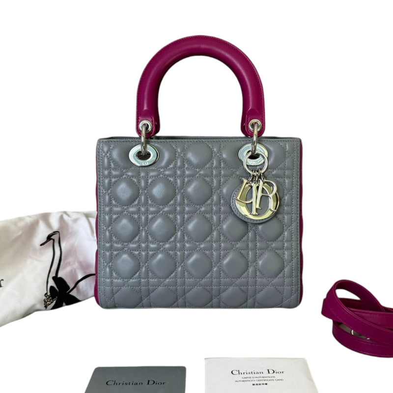 Lady Dior Bi-Color Medium Lambskin Quilted Grey Fuchsia SHW