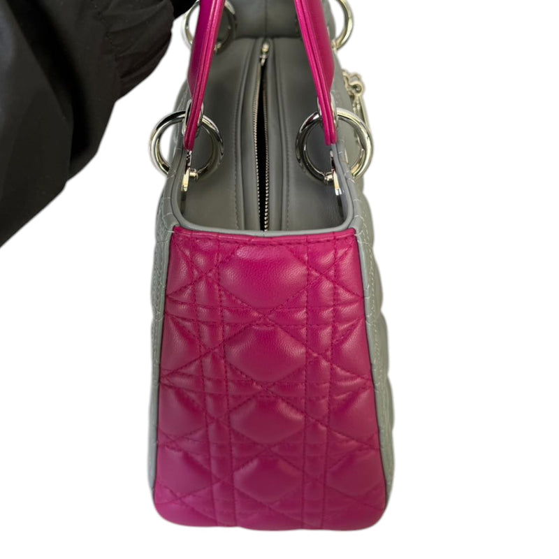 Lady Dior Bi-Color Medium Lambskin Quilted Grey Fuchsia SHW