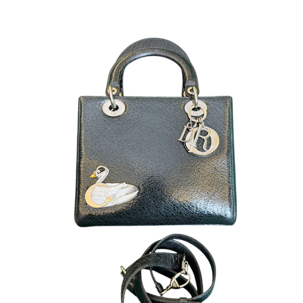 Lady Dior Medium Ceramic Effect Deerskin Jeweled Swan Black SHW