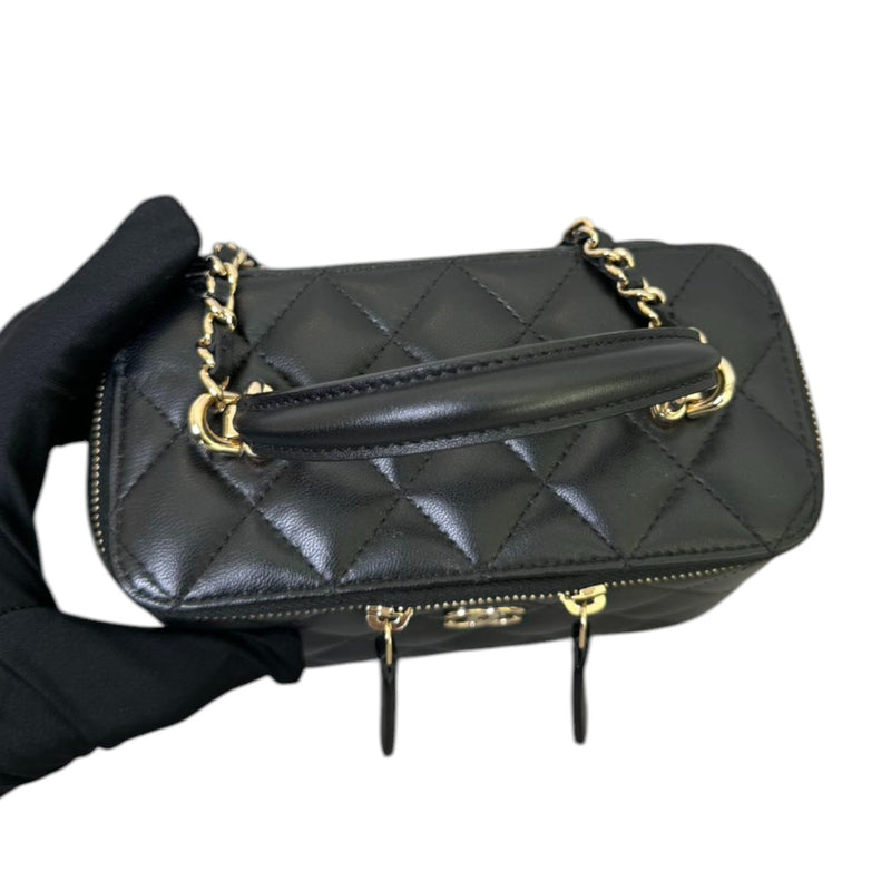 Top Handle Vanity Case with Chain Small Lambskin Black GHW