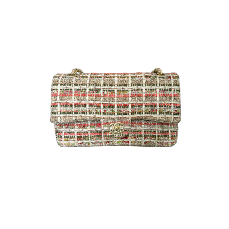 Double Flap Medium Tweed Quilted Beige Multicolor GHW