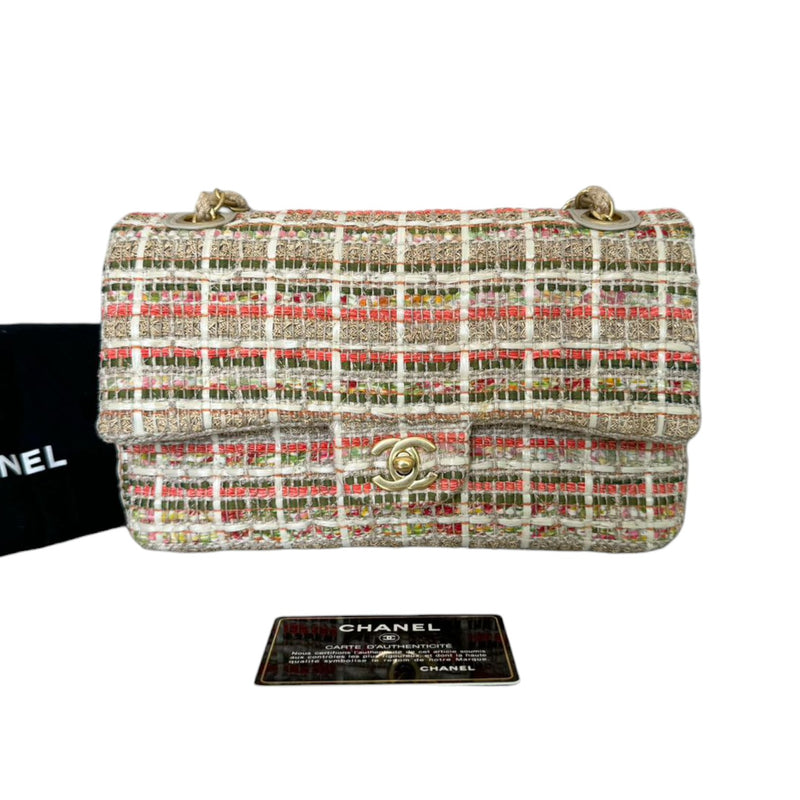 Double Flap Medium Tweed Quilted Beige Multicolor GHW