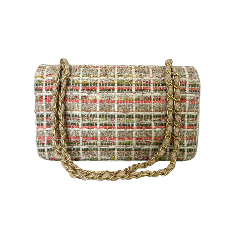 Double Flap Medium Tweed Quilted Beige Multicolor GHW