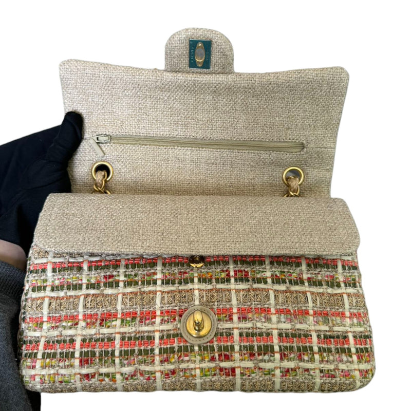 Double Flap Medium Tweed Quilted Beige Multicolor GHW