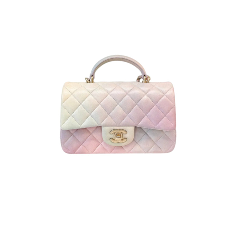 Top Handle Rectangular Flap Mini Rainbow Lambskin Pink Multicolor GHW