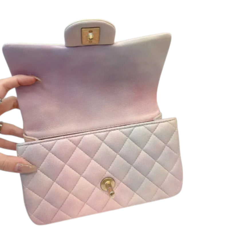 Top Handle Rectangular Flap Mini Rainbow Lambskin Pink Multicolor GHW