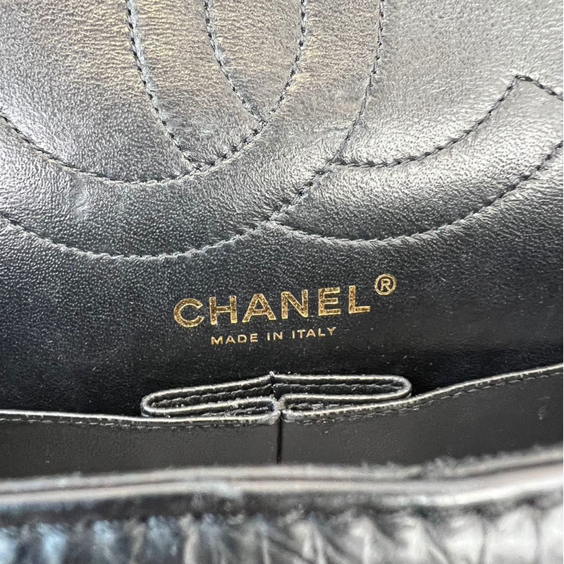 CHANEL Black Satin Croc Embossed 2.55 Reissue Flap Bag Size 226