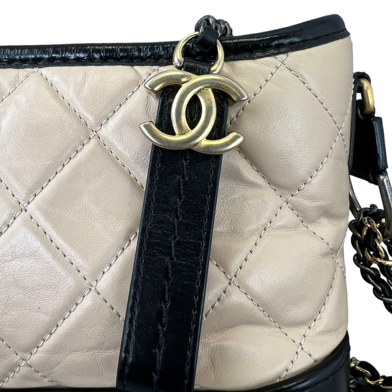 CHANEL White Black Gabrielle Hobo Shoulder Bag Quilted Calfskin Leather