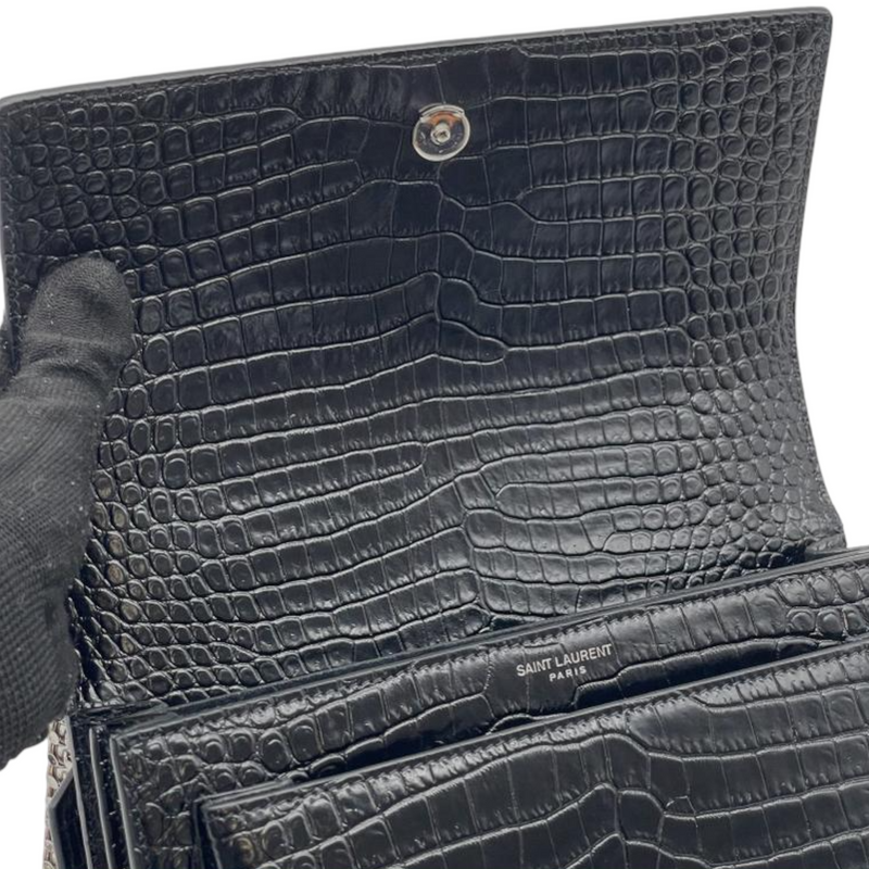 Saint Laurent Sunset Small Croc-effect Glossed-leather Shoulder Bag - Black
