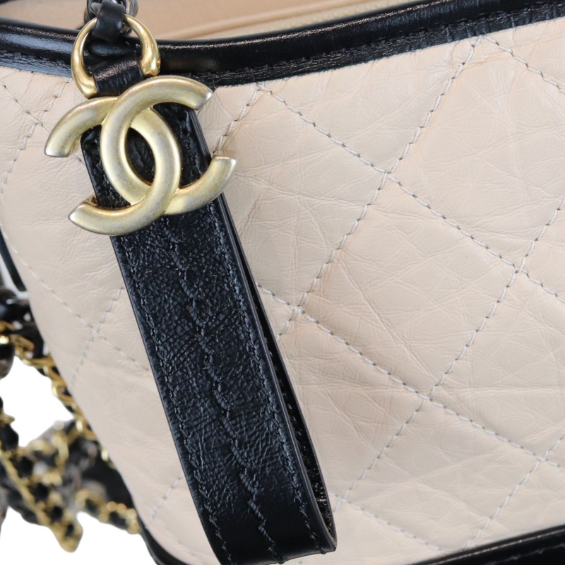 Chanel Gabrielle Quilted Aged calf leather Beige Black Hobo Bag