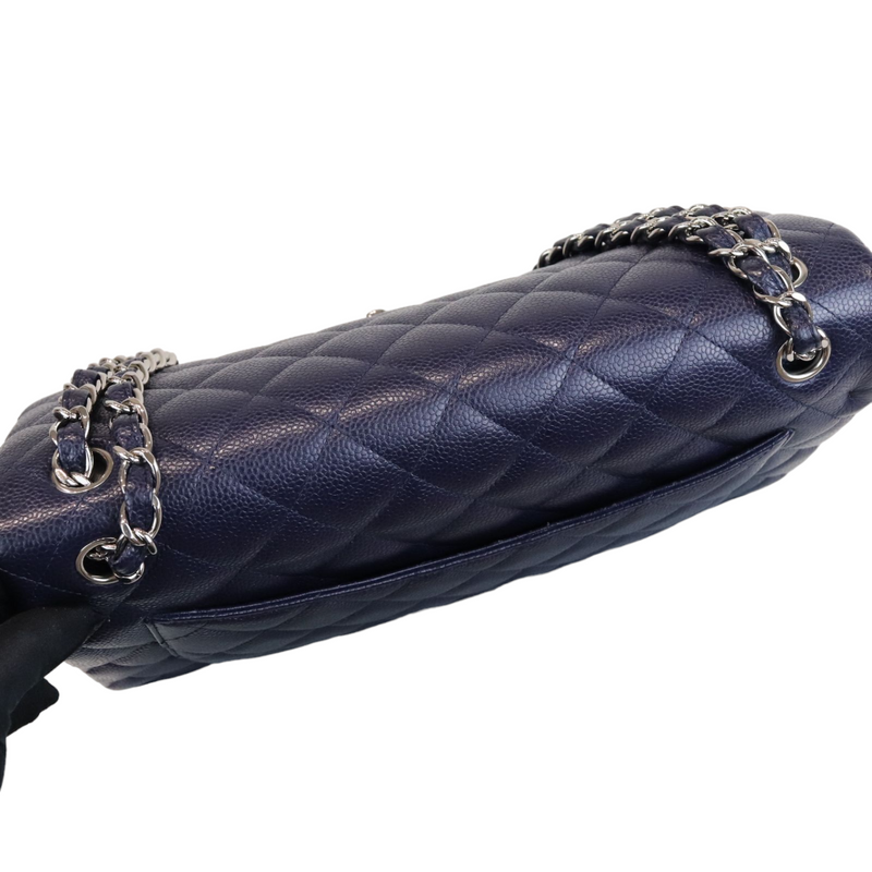 Caviar Quilted Jumbo Double Flap Dark Blue SHW