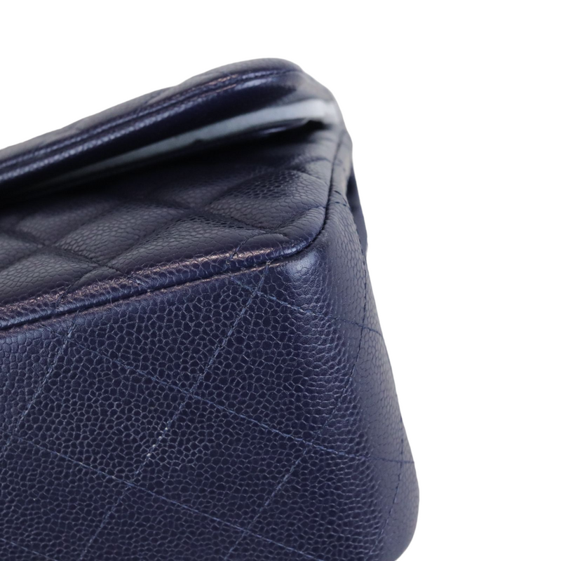 Caviar Quilted Jumbo Double Flap Dark Blue SHW