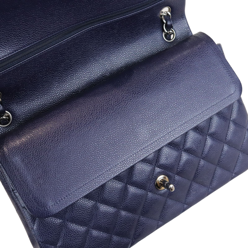 Caviar Quilted Jumbo Double Flap Dark Blue SHW