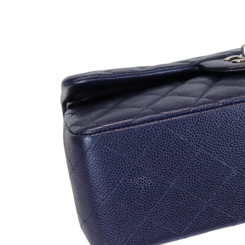 Caviar Quilted Jumbo Double Flap Dark Blue SHW