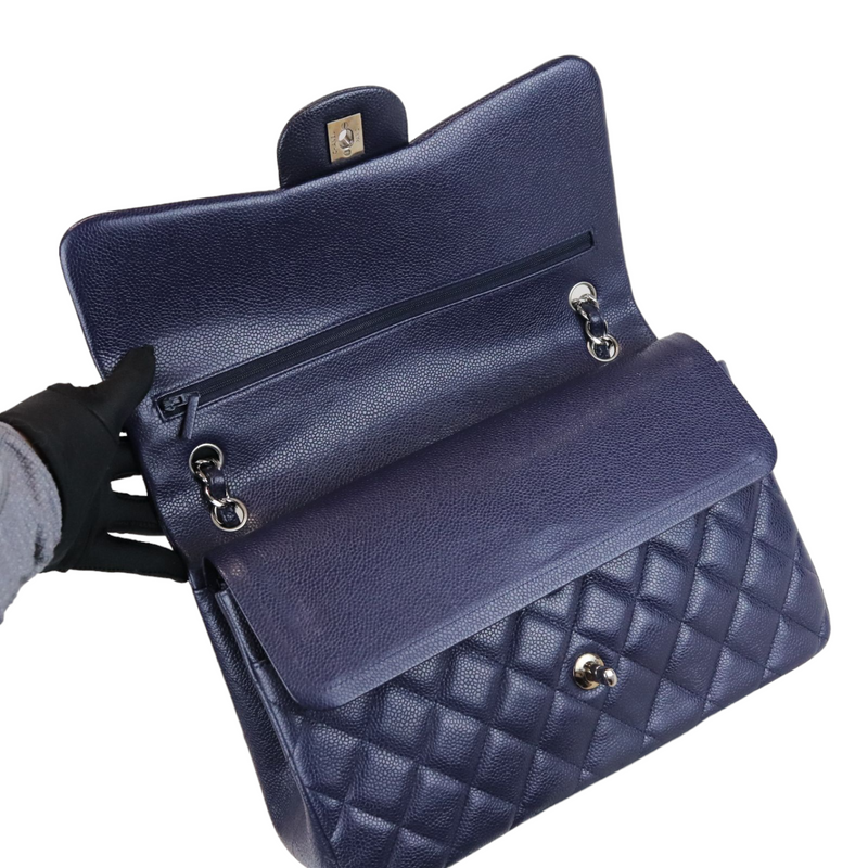 Caviar Quilted Jumbo Double Flap Dark Blue SHW