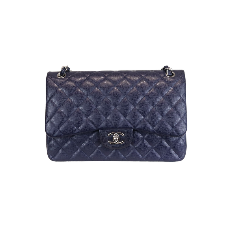 Caviar Quilted Jumbo Double Flap Dark Blue SHW