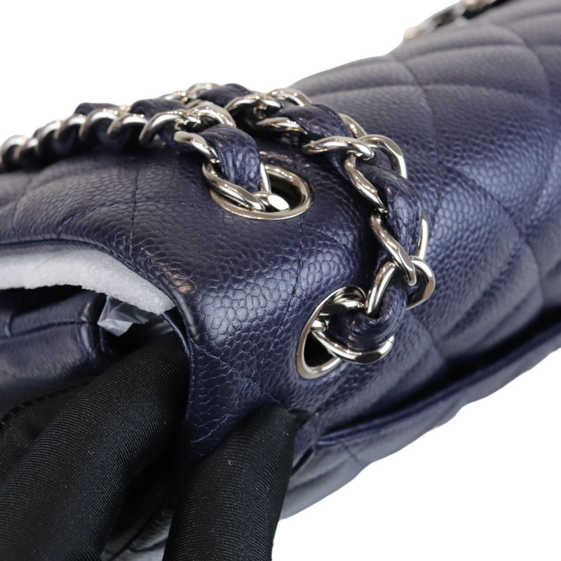 Caviar Quilted Jumbo Double Flap Dark Blue SHW