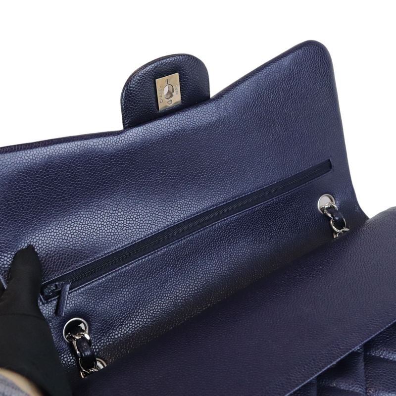 Caviar Quilted Jumbo Double Flap Dark Blue SHW