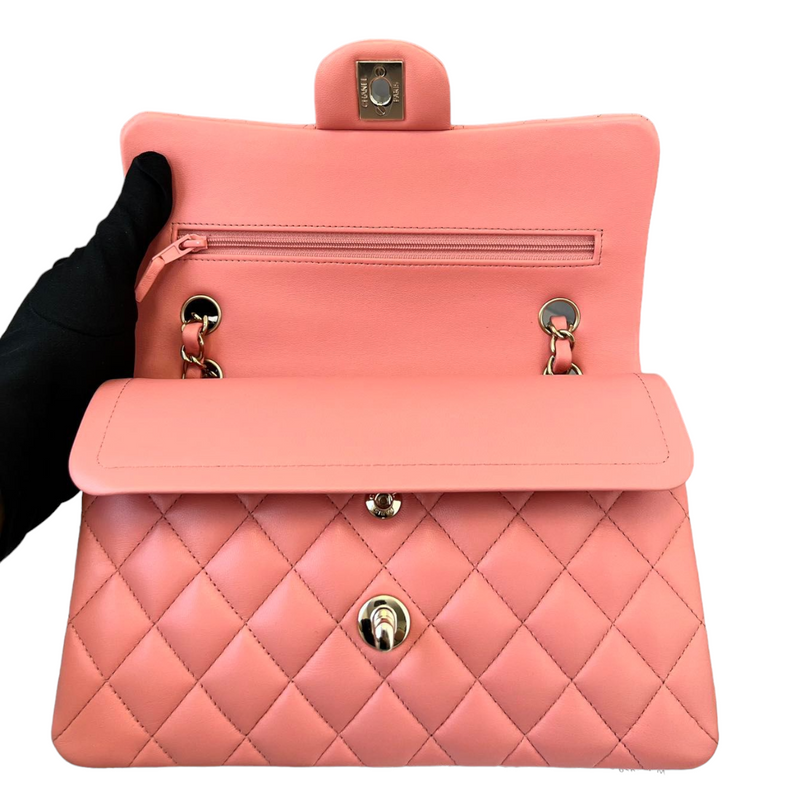 Small Double Flap Lambskin Quilted Pink GHW