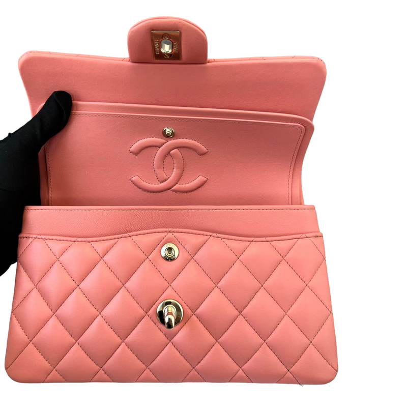 Small Double Flap Lambskin Quilted Pink GHW