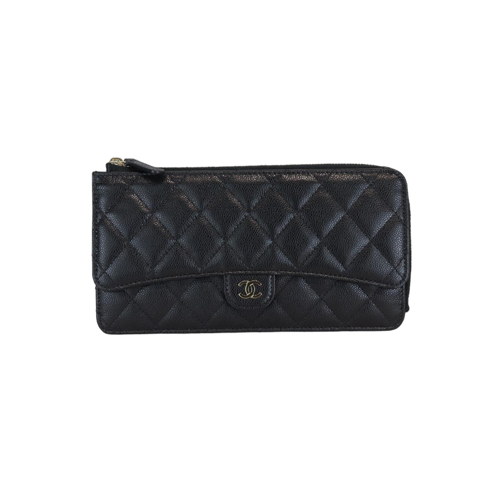 Caviar Quilted Long Flap Wallet With Top Zipper Black GHW