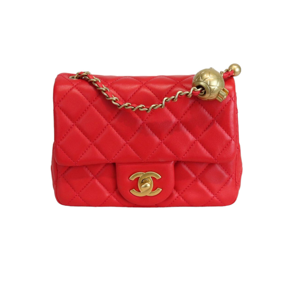 Mini CC Pearl Crush Rectangular Flap Lambskin Red GHW