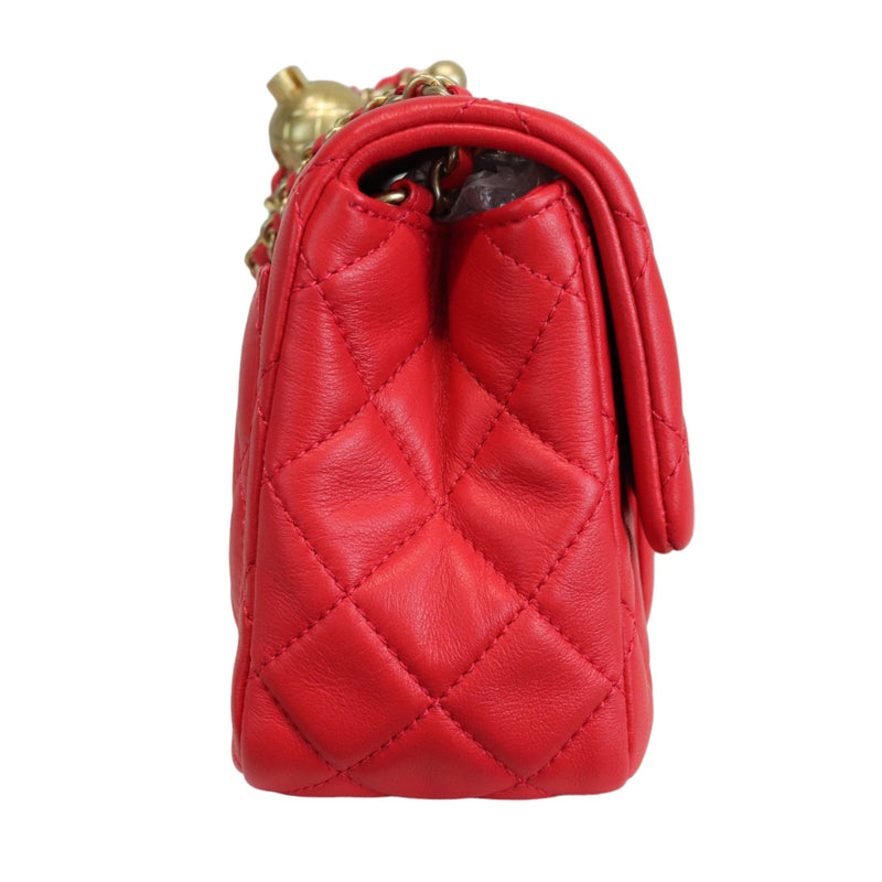 Mini CC Pearl Crush Rectangular Flap Lambskin Red GHW