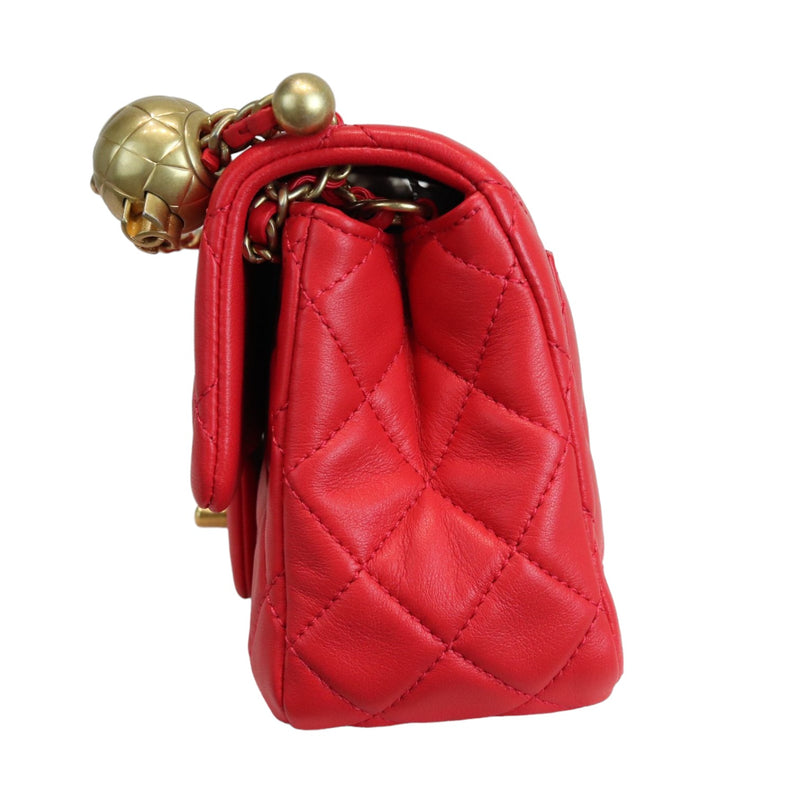 Mini CC Pearl Crush Rectangular Flap Lambskin Red GHW