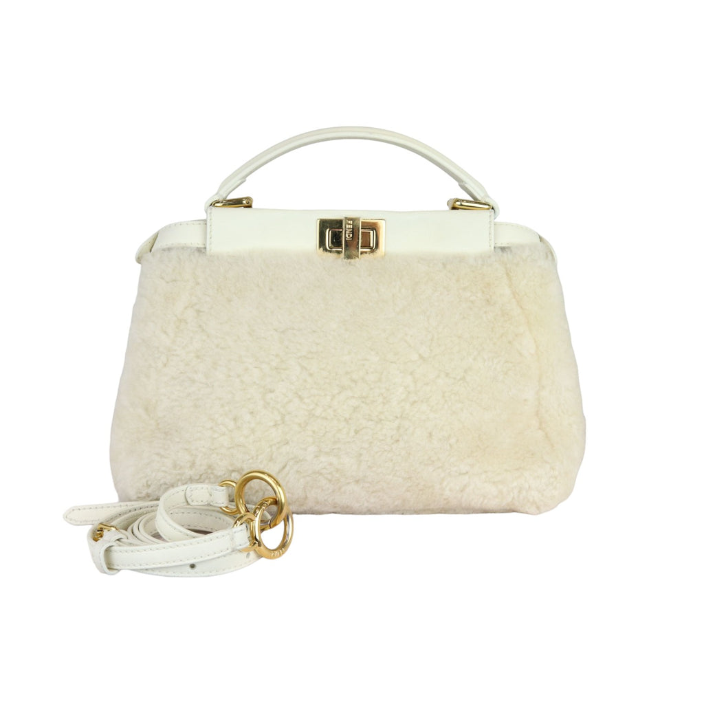 Peekaboo Iconic Satchel Mini Shearling Shiny White GHW