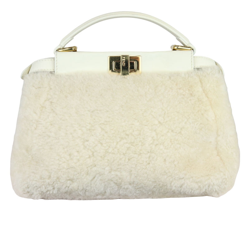 Peekaboo Iconic Satchel Mini Shearling Shiny White GHW