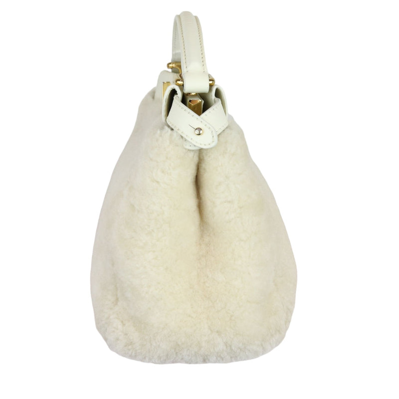 Peekaboo Iconic Satchel Mini Shearling Shiny White GHW