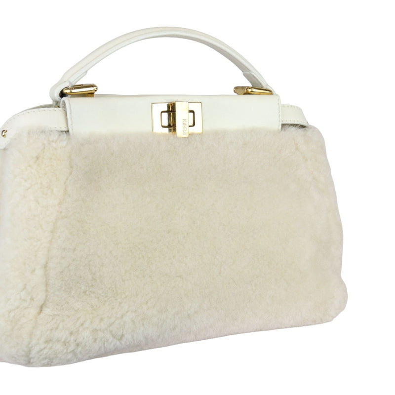 Peekaboo Iconic Satchel Mini Shearling Shiny White GHW