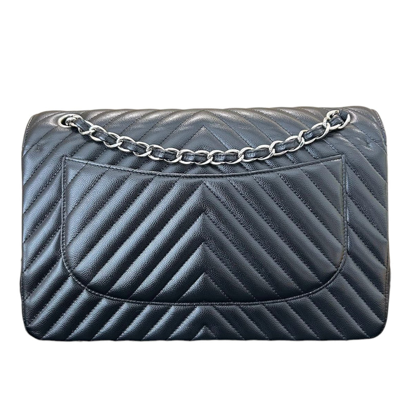 Jumbo Double Flap Caviar Chevron Quilted Black SHW