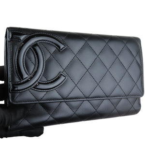 Cambon Gusset Flap Wallet Calfskin Quilted Black SHW