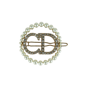 CD Logo Hair Clip Crystal Pearl Gold