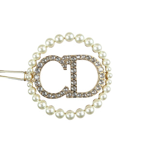 CD Logo Hair Clip Crystal Pearl Gold