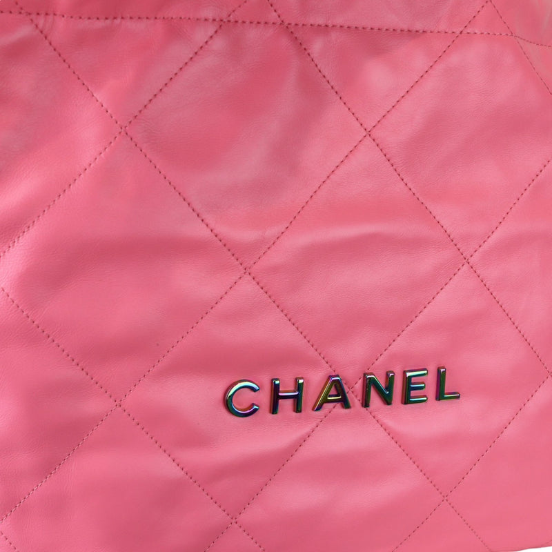 22 Drawstring Rainbow Hardware Shiny Calfskin Quilted Pink